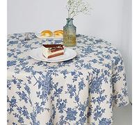 Wracra Blue Floral Pastoral Table Cloth Cotton Linen Vintage 140cm Round Tablecloth Indoor Outdoor Table Cover Suitable for Party,Picnic,Dining,Garden(Blue Floral, Round 140cm)