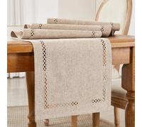 Wracra Boho Linen Style Table Runner, 90 cm Long Rustic Table Runners, Unique Two-layer Geometric Hollow Table Runner for Dining Holiday Parties and Everyday Use (Coffee, 90cm)