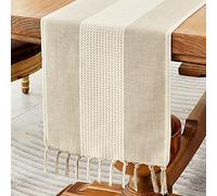 Wracra Cotton Linen Light Coffee Table Runner 275cm Long with Hand-tassels, Macrame Table Runner for Holiday Parties and Everyday Use(Light Coffee, 275cm)