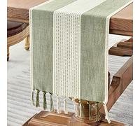 Wracra Cotton Linen Sage Green Table Runner 275cm Long with Hand-tassels, Macrame Table Runner for Holiday Parties and Everyday Use(Sage Green, 275cm)