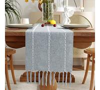 Wracra Cotton Linen Table Runner Farmhouse Style Dusty Blue Table Runner 180cm with Hand-tassels for Party, Dining Room Decorations Dessert Table Decor(Dusty Blue, 180cm)