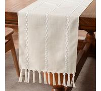 Wracra Cotton Linen Table Runner Farmhouse Style Ivory Table Runner 120cm with Hand-tassels for Party, Dining Room Decorations Dessert Table Decor(Ivory, 120cm)