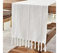 Wracra Cotton Linen Table Runner Farmhouse Style White Table Runner 230cm with Hand-tassels for Party, Dining Room Decorations Dessert Table Decor(White, 230cm)
