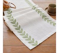 Wracra Green Outdoor Table Runner, Rustic Embroidered Linen Table Runners | 230cm, Irregular Willow Leaf, Machine Washable, Garden, Kitchen, Dining, Holidays, Parties, Home Decor