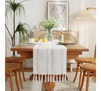 Wracra Hemstitch Cotton Linen Table Runner Farmhouse Style Ivory Table Runner 90cm Long with Hand-tassels for Dining Kitchen Party and Dessert Table Decor(Ivory, 90cm)