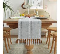 Wracra Hemstitch Grey Table Runner Cotton Linen Rustic Farmhouse Style Table Runner 120cm Long with Hand-tassels for Dining Kitchen Party and Dessert Table Decor(Grey, 120cm)