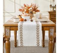 Wracra Taupe Outdoor Table Runner, Rustic Embroidered Linen Table Runners | 120cm, Irregular Willow Leaf, Machine Washable, Garden, Kitchen, Dining, Holidays, Parties, Home Decor
