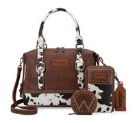 Wrangler 3Pcs Doctor Bag Sets for Women Top-handle Satchel Bag with Cell Phone Handbags and Coin Purse, Brown Cow Print