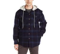 Wrangler Authentics Men's Long Sleeve Quilted Lined Flannel Shirt Jacket with Hood Button, Navy, M