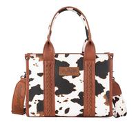Wrangler Cow Print Tote Bag for Women, Bohemian Western Style Top Handle Satchel Handbags with Signature Strap, Brown Cow Print