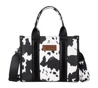Wrangler Cow Print Tote Bag for Women Western Purse Boho Style Top Handle Handbag with Signature Strap, Complete with Cow Print Black, One Size