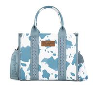 Wrangler Cow Print Tote Bag for Women Western Purse Boho Top Handle Satchel Handbag with Signature Strap, Allover Cow Print Blue