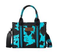 Wrangler Cow Print Tote Bag for Women Western Purse Boho Top Handle Satchel Handbag with Signature Strap, Allover Cow Print Turquoise, One Size