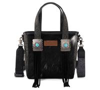 Wrangler Cowhide Tote Bag for Women Western Tooling Handbag Leather Fringing Handbag with Turquoise Stone Concho, Black, L