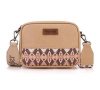 Wrangler Crossbody Bag for Women Aztec Mini Crossover Purse with Guitar Strap, Khaki With Light Coffee, M