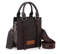 Wrangler Embossed Crossbody Purse for Women Top Handle Fringe Handbags and Western Mini Tote, Angel Coffee, 7.8 inches (L) x 8.6 inches (W) x 3 inches (H)