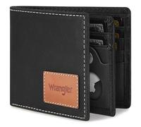 Wrangler Men’s Bifold Slim RFID Blocking Wallet with Stealth AirTag Holder, Genuine Leather, Black, Casual