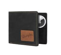Wrangler Men’s Bifold Slim RFID Blocking Wallet with Stealth AirTag Holder, Genuine Leather, Black, Casual