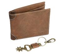 Wrangler Men's Bifold Wallet with Metal Ornament Keychain, Genuine Leather, Gift Set for Him, Bottle Opener Keychain, Western