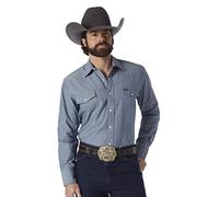Wrangler Men's Cowboy Cut Western Two Pocket Long Sleeve Snap Work Shirt-Washed Finish, Medium Blue Chambray, 17 Inches Neck 35 Inches Sleeve