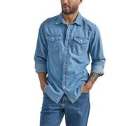 Wrangler Men's Iconic Denim Regular Fit Snap Shirt Button, Lake Wash, Large