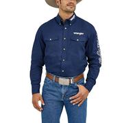 Wrangler Men's Western Logo Two Pocket Long Sleeve Button Shirt, Navy, S