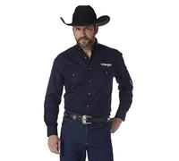 Wrangler Men's Western Logo Two Pocket Long Sleeve Button Shirt, Navy, S