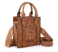 Wrangler Small Crossbody Bag for Women Tooling Top Handle Handbags and Mini Tote Bag, Angel Light Brown