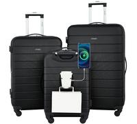 Wrangler Smart Luggage Set with Cup Holder and USB Port, Black, 3 Piece Set, Smart Luggage Set with Cup Holder and USB Port