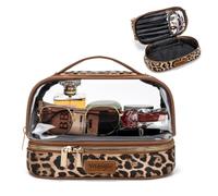 Wrangler Travel Makeup Bag Double Layer Clear Make Up Bag Organizer, Leopard-Coffee, L, Makeup Bag
