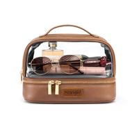 Wrangler Travel Makeup Bag Double Layer Clear Make Up Bag Organizer, Solid-Brown, L, Makeup Bag