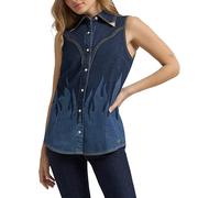 Wrangler Women's X Lainey Wilson Western Snap Front Sleeveless Shirt, Dark Denim W/Flame, XL