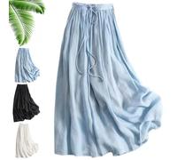 Wrap Around A Line Cotton Linen Skirt, High Waisted Casual Soft Lightweight Maxi with Elastic Band and Pockets (UK, Alpha, M, Regular, Regular, Light Blue)