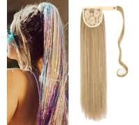 Wrap Around Ponytail Hair Extension, clip in hair tinsel Pony Tails Extensions Glitter Long Straight ponytail Hair piece for women Girls (#24 Natural blonde)