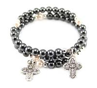 Wrap Around Rosary Bracelet Four Way Cross, 8 inches, Hematite, Silver-toned material, hematite