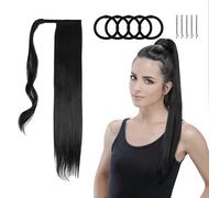 Wrap Around Straight Ponytail Extension 25.6 Inch, Long Straight Ponytail Hair Fake Ponytail Straight Hair Synthetic Natural Straight Ponytail for Girls Women with Hair Rope and Hairpin, Black