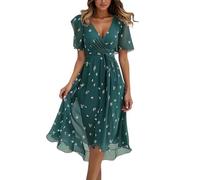 Wrap Dresses for Women UK Summer V Neck Ruffle Short Sleeve Tie Waist Pleated Midi Dress Elegant Flowy A Line Floral Print Casual Loose Fit Party Cocktail Dresses Fashion Ladies Wear Dark Green