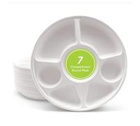 Wrap n Pac 7 Compartment Bagasse Disposable Plates Pack of 50, 100% Natural & Recyclable, Ideal for Birthday, Anniversary, BBQs, Picnics, Suitable for Hot & Cold Food, Microwave & Oven Safe