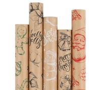 WRAP STORM Christmas Wrapping Paper Set - 5 Rolls (43cm x 3m) - Vintage Kraft Paper with Santa, Gingerbread, Tree Designs - Gift Wrap for Xmas