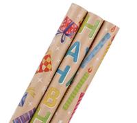 WRAP STORM Happy Birthday Gift Wrapping Paper - 3 Mini Rolls 17" x 120" - Brown Kraft Wrap Paper Roll for Kids, Boys and Girls