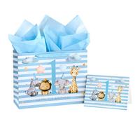 WRAPAHOLIC 13" Large 1st Birthday Gift Bag with Card and Tissue Paper - Blue Adorable Animal and Happy 1st Birthday Lettering Design for Baby Boy, Birthday, Party