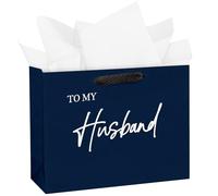 WRAPAHOLIC 13" Large Husband Birthday Gift Bag with Tissue Paper - Navy Blue to My Husband Lettering Paper Bags for Men, Husband Birthday and Valentine's Day