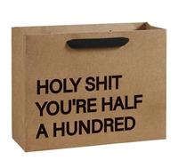 WRAPAHOLIC 13" Large Kraft Funny 50th Birthday Gift Bag - Holy You're Half A Hundred Design Wacky Paper Bags for Men & Women, Great for Friends Birthday Gifting