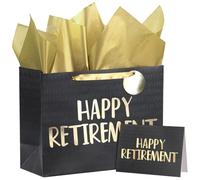 WRAPAHOLIC 13" Large Retirement Gift Bag with Card and Tissue Paper - Black Gold Happy Retirement Lettering