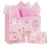 WRAPAHOLIC 13" Princess Birthday Gift Bag with Card and Tissue Paper - Pink Princess Castle Design Bags for Girls Birthday Baby Girl Shower
