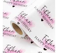 WRAPAHOLIC 15th Birthday Wrapping Paper Roll - Mini Roll - 43.2 cm x 5.2 m - Blush and Fifteen Happy Birthday Wrapping Paper for Girls Birthday, Baby Shower, Party