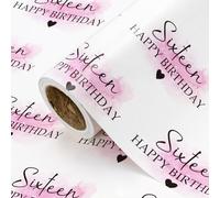 WRAPAHOLIC 16th Birthday Wrapping Paper Roll - Mini Roll - 17" x 5.2m - Blush and Sixteen Happy Birthday Wrapping Paper for Girls Birthday Baby Shower Party