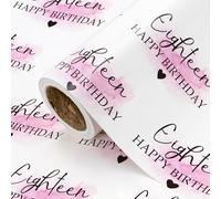 WRAPAHOLIC 18th Birthday Wrapping Paper Roll - Mini Roll - 43.2 cm x 5.2 m - Blush and Eighteen Happy Birthday Wrapping Paper for Girls Birthday, Baby Shower, Party