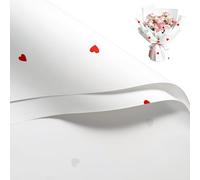 WRAPAHOLIC 20 Sheets Flower Wrapping Paper - 22.4 x 22.4 inch White and Red Heart Pattern Water-Resistant Floral Bouquet Wrapping Paper, Florist Supplies Packaging for Valentine's Day Wedding