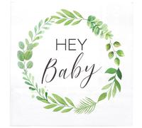 WRAPAHOLIC 25Pcs Baby Shower Cocktail Napkins - 3-Ply Hey Baby Eucalyptus Leaves Wreath Disposable Paper Napkins for Birthday, Baby Shower, Party Supplies - 5 x 5 In